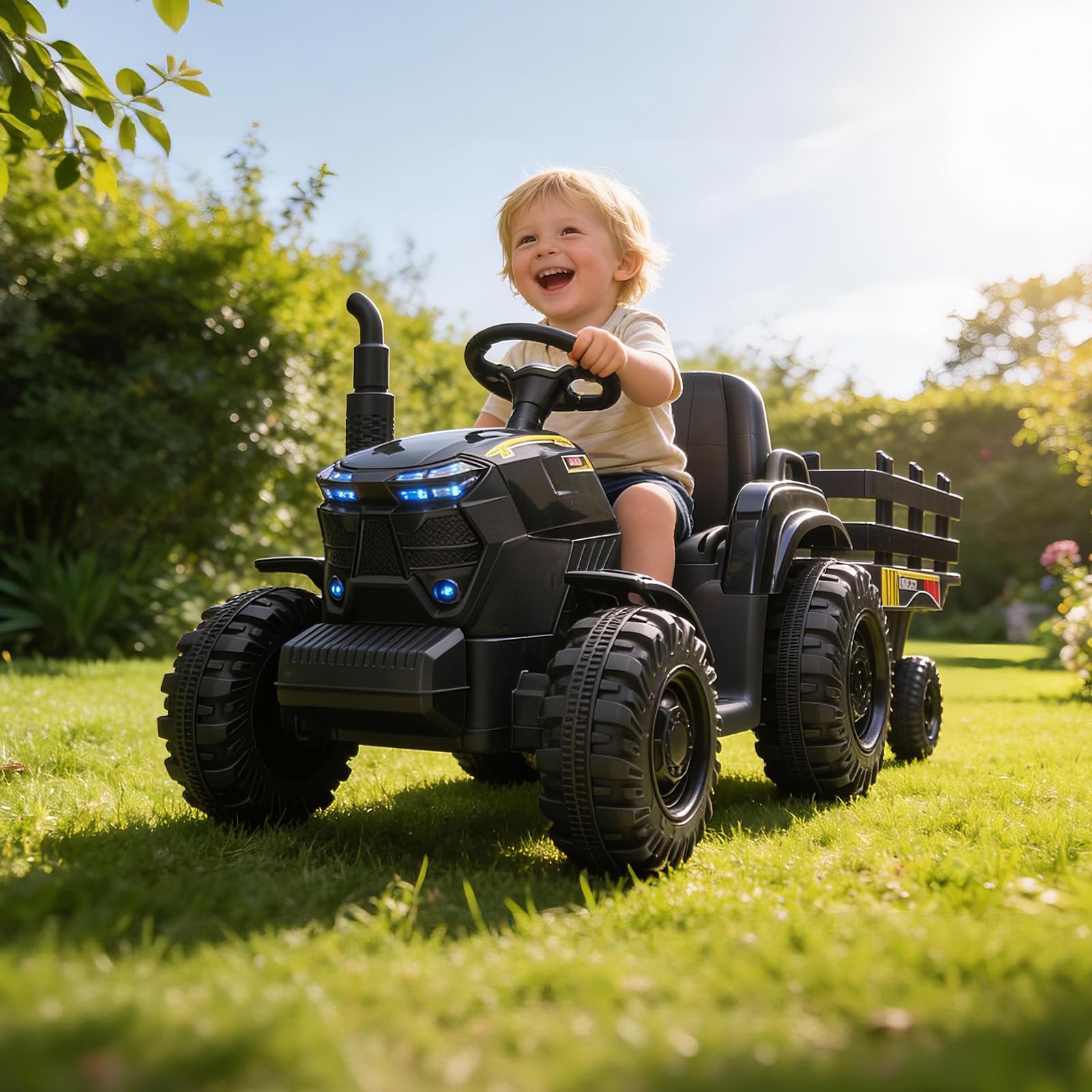Kids Outdoor Music - Traktor dla dzieci 12V z przyczepą,